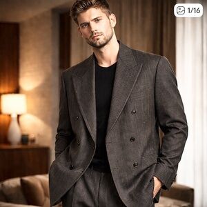 Canali Double Breasted Wool Cashmere Blazer 52 Charcoal Tan Pinstripe Italy